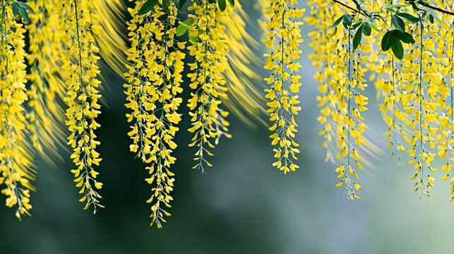 Beautiful golden chain flowers daintily swaying, creating a dreamy motion blur contrasted against a gentle green backdrop, symbolizing the essence of nature in motion