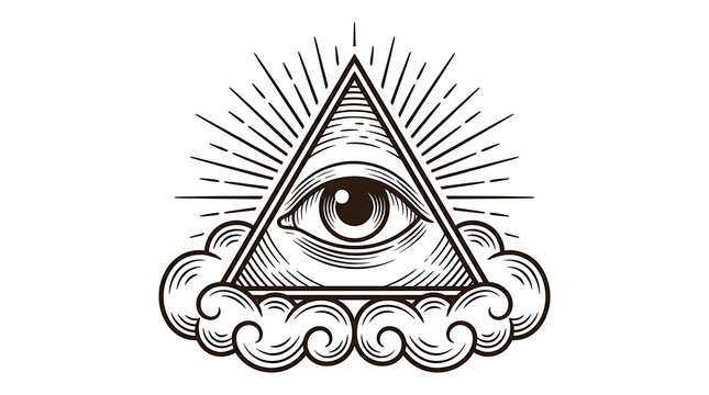 Hand Drawn All-Seeing Eye of Providence Illustration Inside Triangle with Clouds and Sunbeams