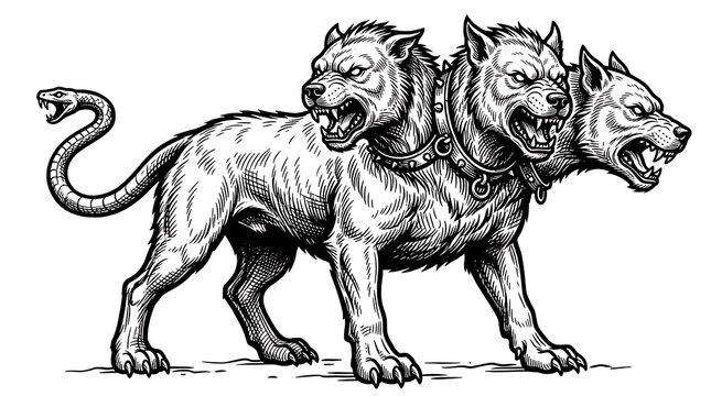 Cerberus Three Headed Mythological Dog Guardian of the Underworld Engraving Style Vector Illustration