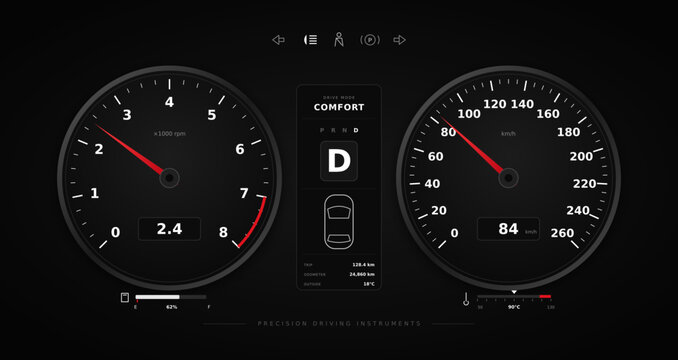 Digital car dashboard vector illustration, modern speedometer gauge and tachometer panel, dark vehicle interface background