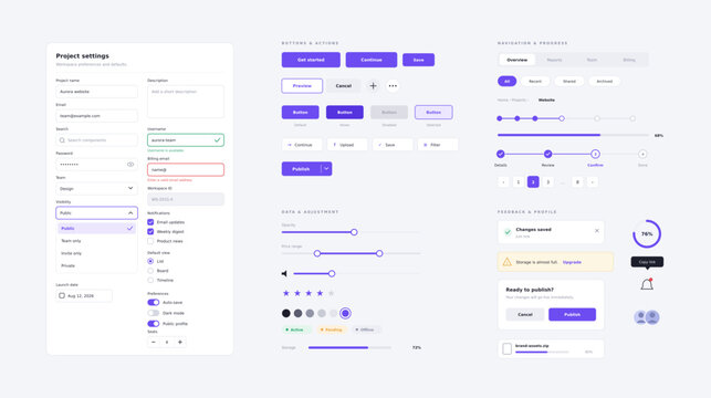 Modern UI Kit for Dashboard Web Design, Clean User Interface Vector Components, Purple Wireframe UI UX Elements for Website Apps