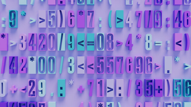 Vibrant Three-Dimensional Geometric Numbers and Mathematical Symbols in Random Arrangement Against Purple Background, Engaging Digital Art for Education, Technology, and Creative Design Projects