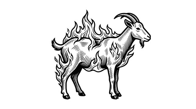 Mystical Burning Goat with Fire Flames Woodcut Style Engraving Illustration on White Background