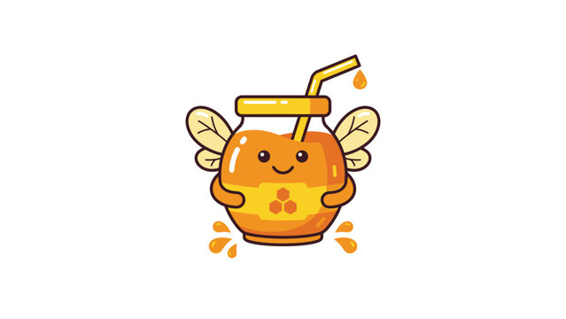 Cute honey drink logo with a smiling jar character, bee wings, and straw, concept for organic beverage branding, ideal for juice bars and healthy cafe menus.