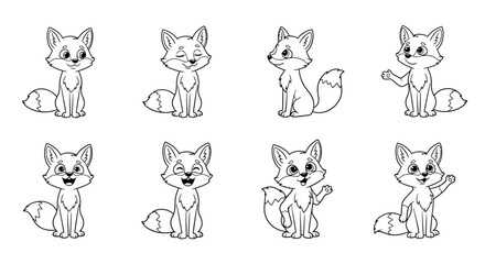 Fototapeta premium Cartoon foxes in cheerful poses with waving gesture for greeting card design