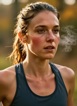 Captures Young Woman In Mid Exertion Physical Activity As Running Hiking To Late Twenties Early Thirties With Fair Skin Complexion