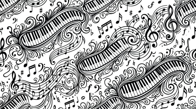 Abstract musical pattern featuring piano keyboards and floating notes in black and white doodle art