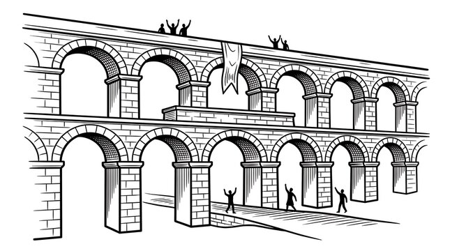 Hand Drawn Sketch of Ancient Roman Aqueduct Architecture with People Silhouettes and Stone Arches