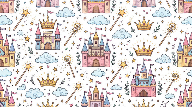 Fairytale princess seamless pattern with pink castles crowns magic wands and clouds floating on a white background