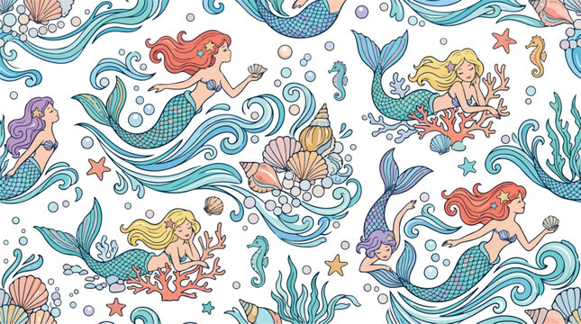 Little mermaids swimming under the sea with shells and ocean sea life seamless pattern
