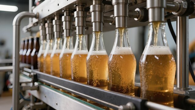 A close-up of an industrial bottling line filling glass bottles with foaming beer on a conveyor belt inside a brewery during beverage manufacturing and alcohol production processes