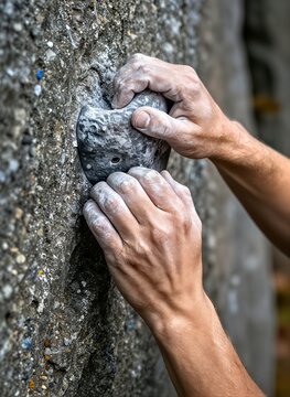Captures Close Of Person Engaged In Rock Climbing Main Subject Pair Hands Heavily Coated With Chalk Gripping Textured Hold Artificial