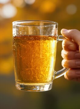 Captures Close Of Persons Hand Holding Clear Glass Mug Filled With Golden Colored Liquid To Beer Rim Effervescent Numerous Small