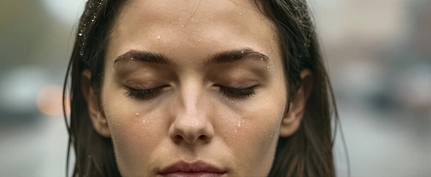 Captures Close Portrait Of Young Adult Female With Solemn Introspective Expression Eyes Gently Closed To In Moment Quiet Reflection
