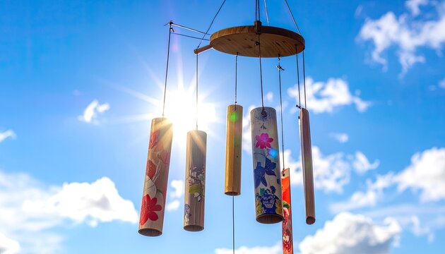Decorative wind chimes hanging against a bright blue sky with sun flare.