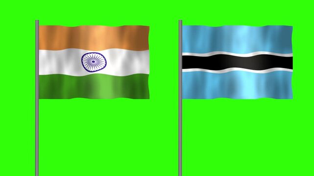 Flag of Botswana and India, Pole flag of Botswana and India on Green screen chroma key, Botswana and India flag waving.
