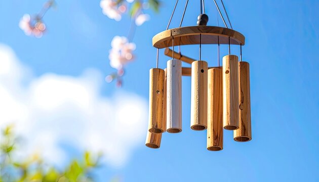 Wooden wind chimes hang against a bright blue sky with soft pink blossoms.