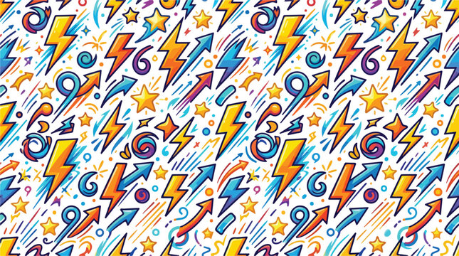 Colorful doodle seamless pattern featuring lightning bolts stars and arrows on a white background