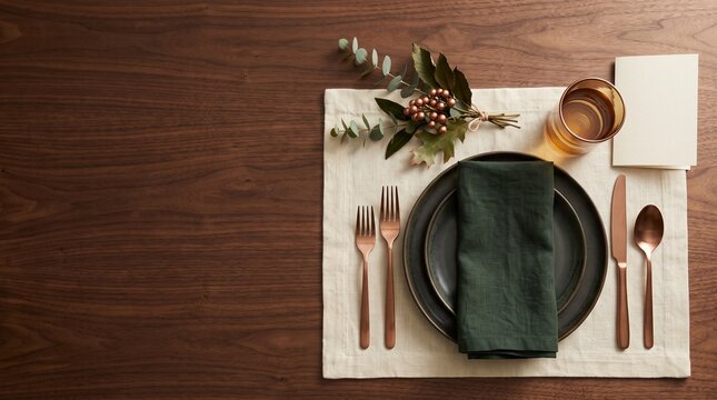 A place setting with copper cutlery and a green napkin on a wooden dining table with green linen napkin arranged light fabric mat atop wooden table