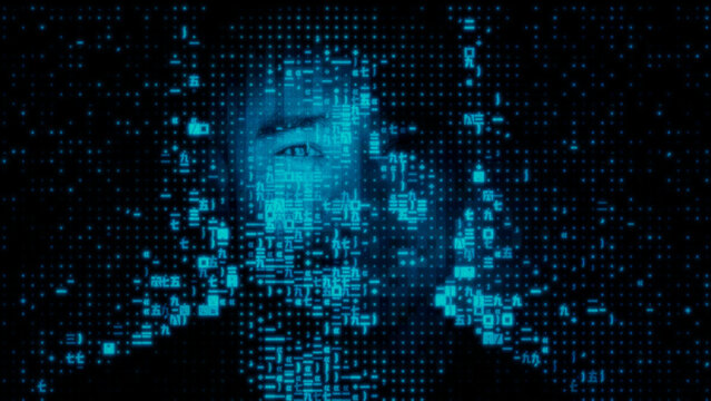 Man's Face dissolving into Source Data, illustrating AI Generated Persona Concept.
