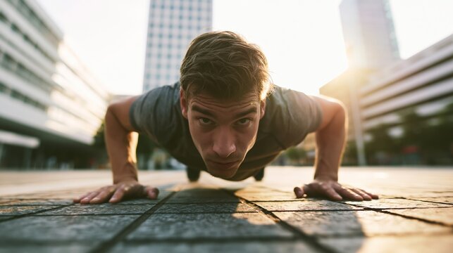 Young man performing push ups on city plaza, direct eye contact conveying determination and strength