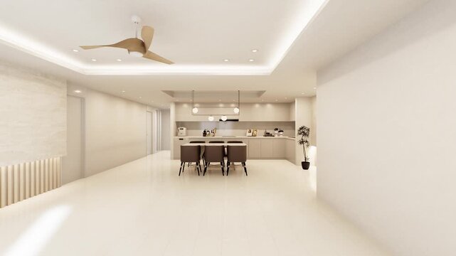 Modern kitchen and dining room interior with rotating ceiling fan, 3D render animation