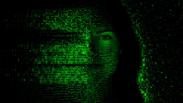 Woman's Face dissolving into Encrypted Code. Agentic AI Concept.