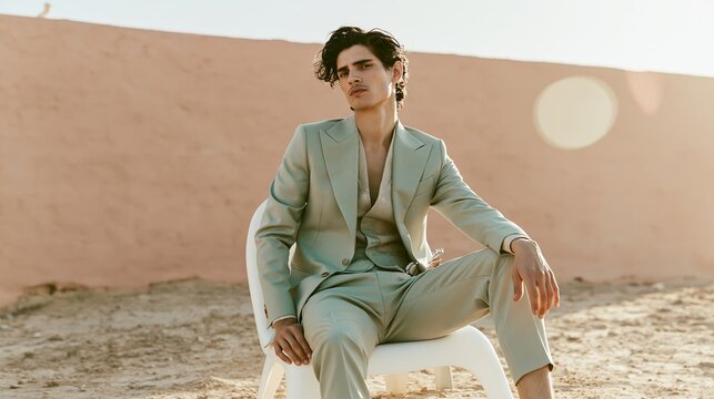 Stylish man posing in sage green three piece suit, seated outdoors on white chair with sandy textured background