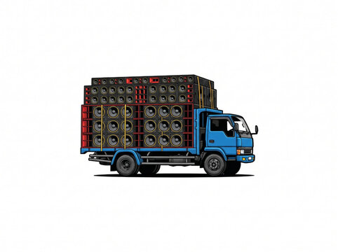 Blue sound system truck carrying massive stack of audio speakers on white background