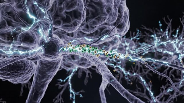 3D illustration of human brain neural network with active synapses and neurotransmitter molecules