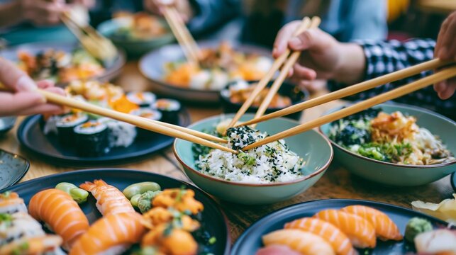 Friends sharing Japanese cuisine, chopsticks reaching for sushi and rice bowls at a casual restaurant table