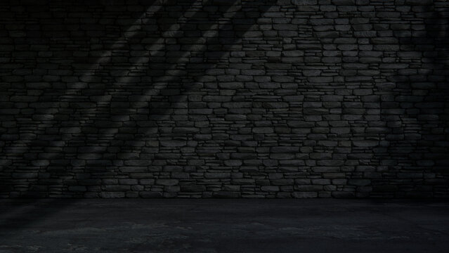 Tidy Dark Stone Brick Wall Background with Golden Hour Light and Foliage Shadow. Mockup Concept with copy-space.