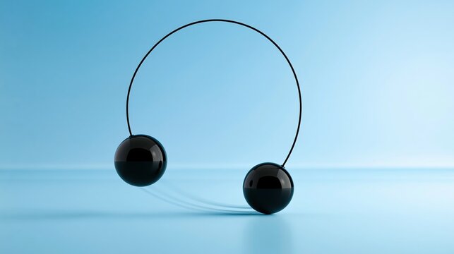 Black spherical objects are suspended from a thin, curved wire against a bright blue background.