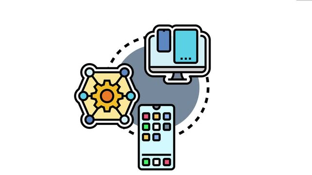 Multi device web application developing process icon representing responsive design adaptable for desktop, tablet, and smartphone screens, ensuring seamless user experience