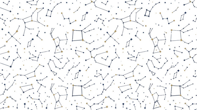 Seamless pattern featuring black constellation line art and stars on a plain white background
