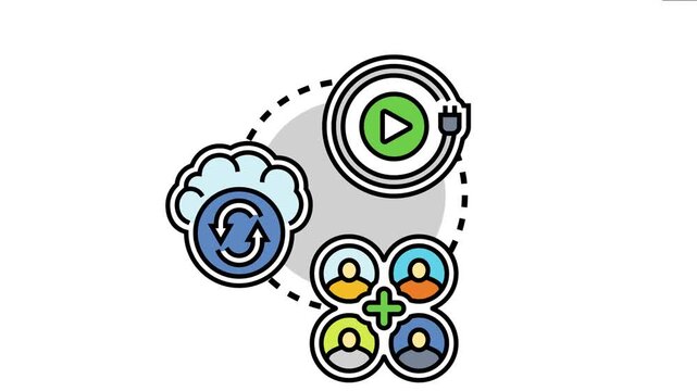 Illustration depicting multi device compatibility, integration, and connection with various users accessing content and services through cloud technology