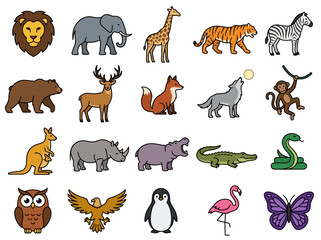 Obraz premium Wild Animals Vector Icon Set - Large Collection of Safari, Zoo, Forest, and Jungle Wildlife Icons including Lion, Elephant, Tiger, and Penguin on White Background