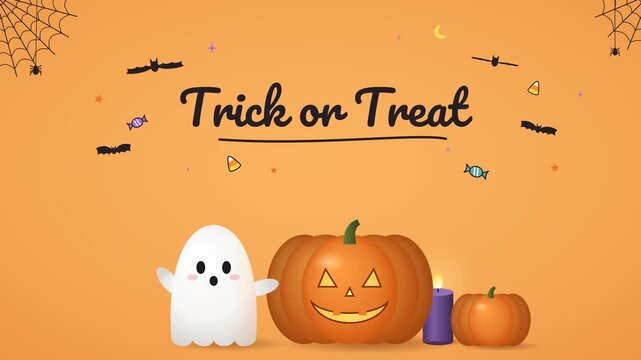 Trick or Treat script text writing on with cute ghost, jack o lantern, candle and pumpkin on orange background