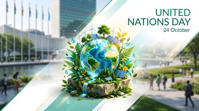 United Nations Day Greeting Design with Earth and Botanical Arrangement Outdoors
