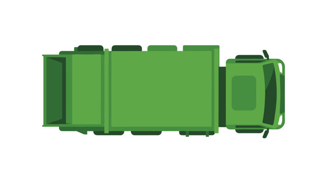 Top-down vector illustration of a minimalist green garbage truck or waste collection vehicle, showcasing the cab and compactor body, ideal for sanitation and recycling service icons.