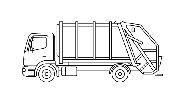 Minimalist black and white line art illustration of a rear-loading garbage truck side view, professional refuse collection vehicle for waste management and sanitation services
