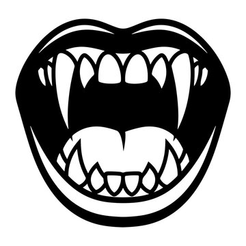 Vampire mouth with sharp fangs and open jaw, stylized black and white vector illustration of a monster or werewolf grin, isolated on transparent background