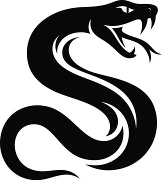 Ferocious black snake vector graphic illustration showing a menacing serpent with open mouth fangs and tongue displayed in a bold curved tribal posture shape design