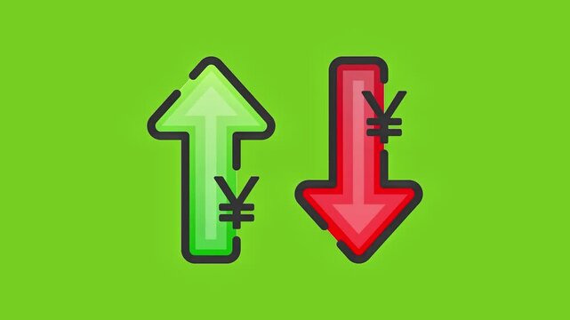 Animated green up arrow and red down arrow with Yen symbol representing financial growth, currency fluctuation, and stock market trends on chroma key green screen.  
