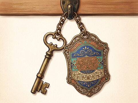 Vintage Hotel Key With Elegant Key Tag Premium Colorful Travel Illustration