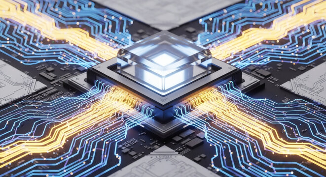 Advanced microchip processor glowing with bright light on a complex circuit board representing future technology