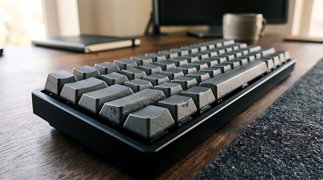 A close up view of a modern mechanical keyboard sitting on a wooden desk in a home office setting