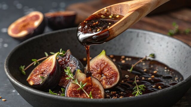 Photorealistic macro fig balsamic glaze showing viscous folds fig seeds pepper thyme rye shards and caramelized skin curls
