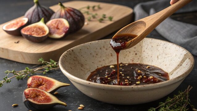 Photorealistic dark fig balsamic glaze cascade with rye shards thyme pepper seeds and fresh figs on an editorial table