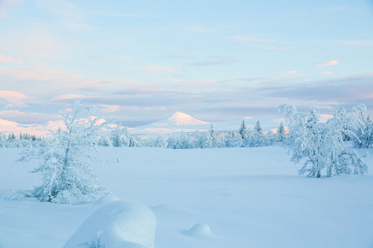 Pastel sunrise over a snowy mountain landscape in winter